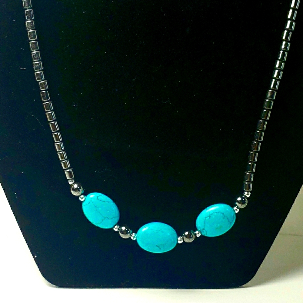Hematite Necklace With Beautiful Oval Turquoise Stones 20"